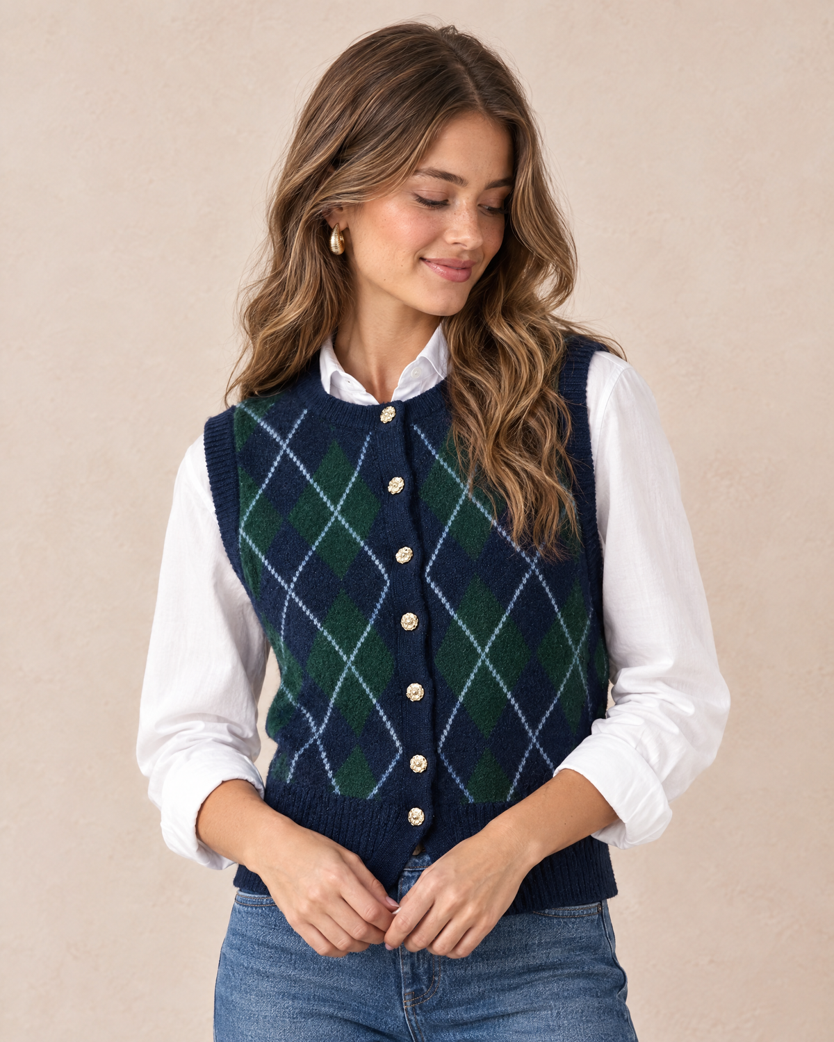 Argyle sweater vest worn by model, three-quarter view