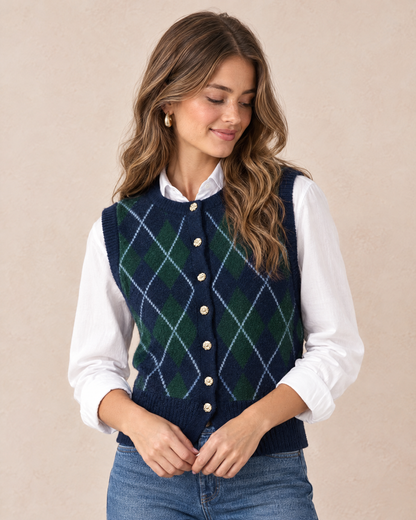 Argyle sweater vest worn by model, three-quarter view