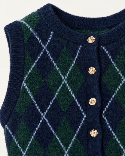 Argyle sweater vest, close-up of knit texture and buttons