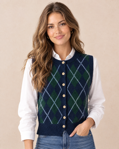 Argyle sweater vest worn by model, front view