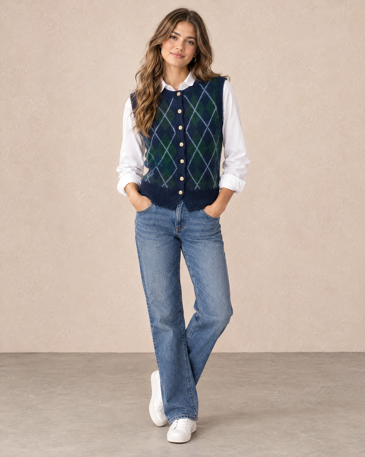 Argyle sweater vest worn by model, full body