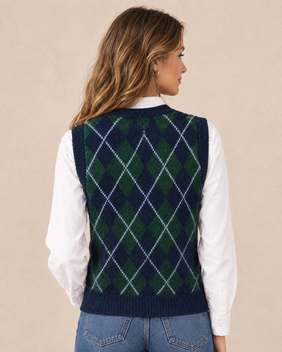 Argyle sweater vest worn by model, back view