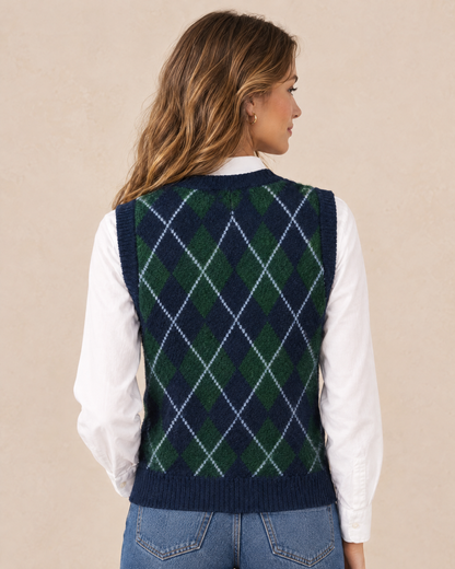 Argyle sweater vest worn by model, back view