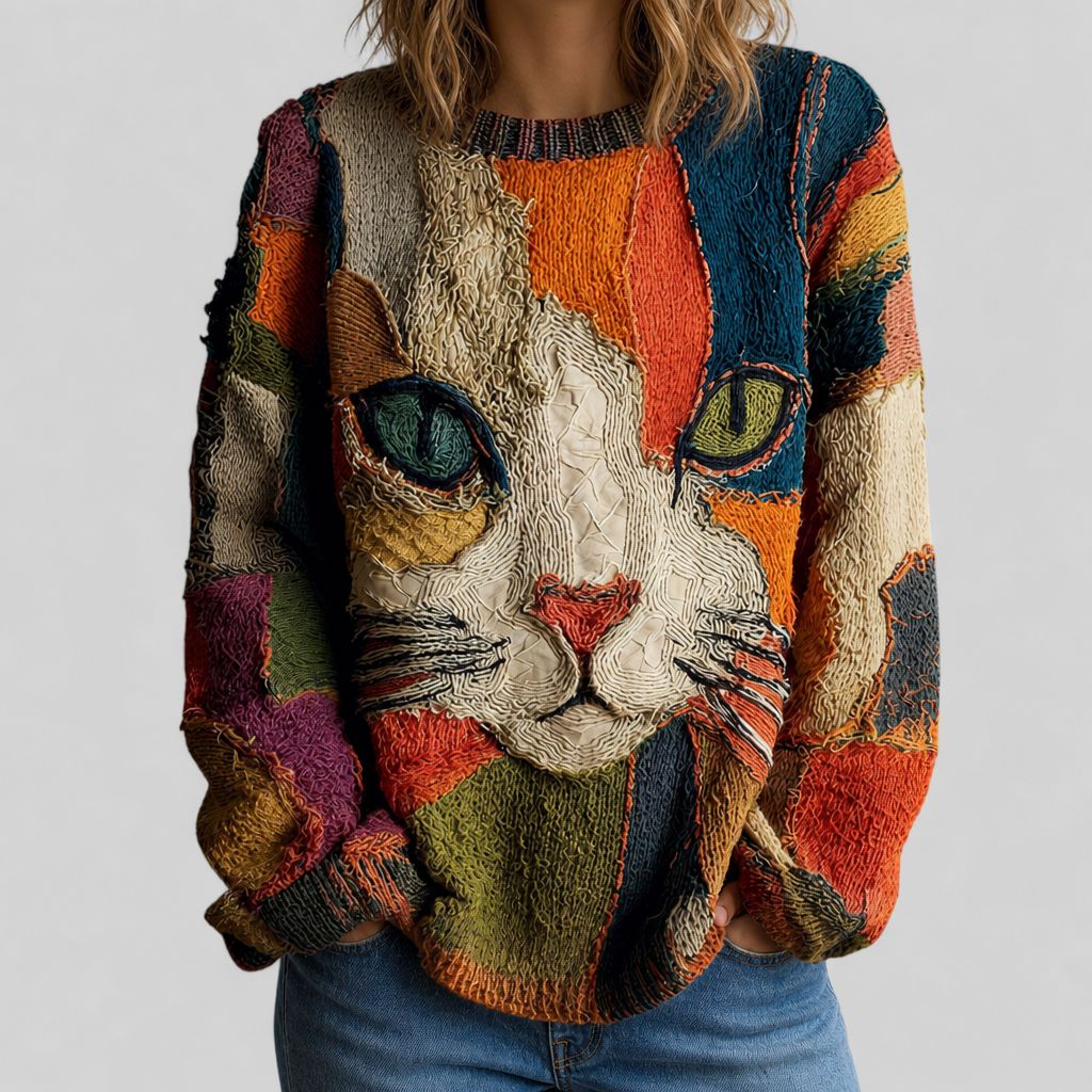 Woman wearing the oversized cat motif sweater, front view