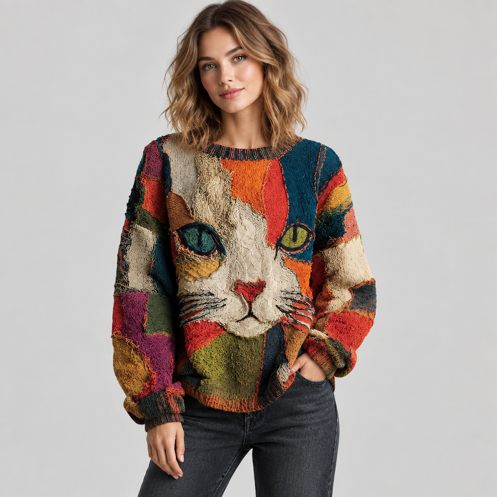 Woman wearing the artistic cat motif sweater, front view