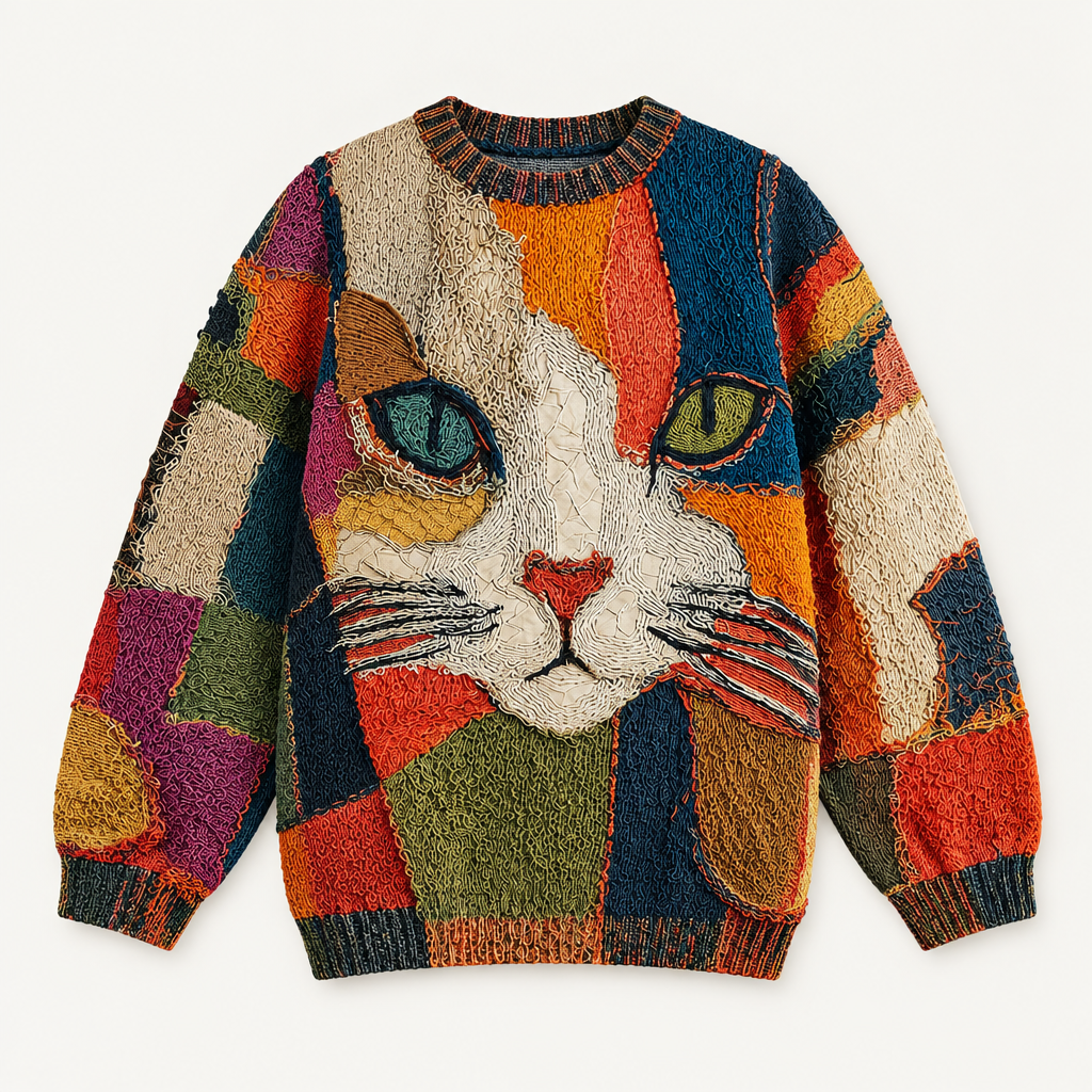 Artistic cat motif sweater, flat product view
