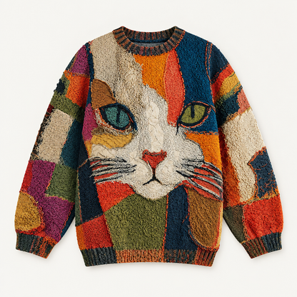 Artistic cat motif sweater, flat product view