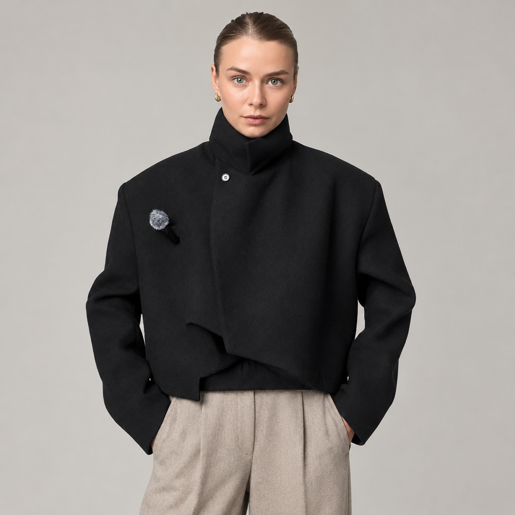 Skyler Asymmetric Cropped Boxy Jacket with Stand Collar worn by a model