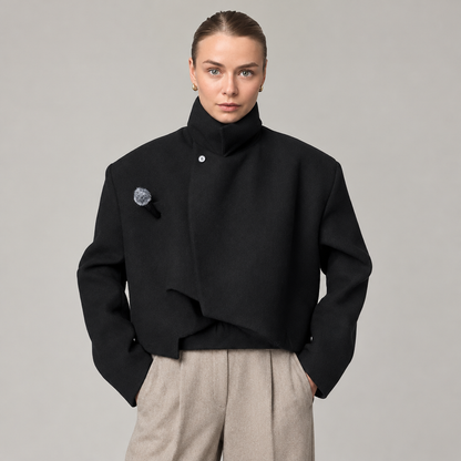 Skyler Asymmetric Cropped Boxy Jacket with Stand Collar worn by a model