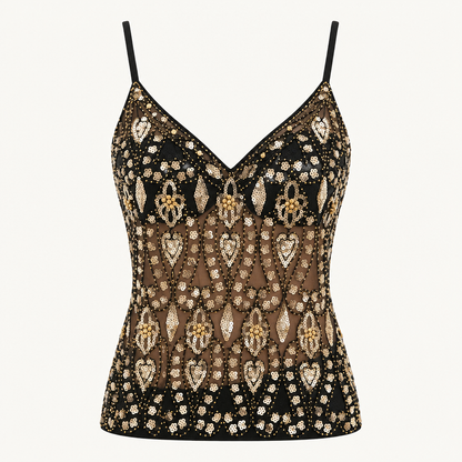 Skyler Beaded Sequin Floral Top in Black and Gold product photo