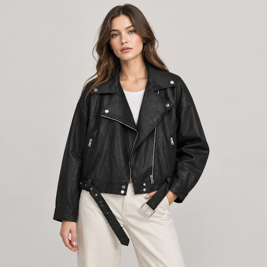 Skyler Belted Faux Leather Jacket with Asymmetric Zip worn by a model