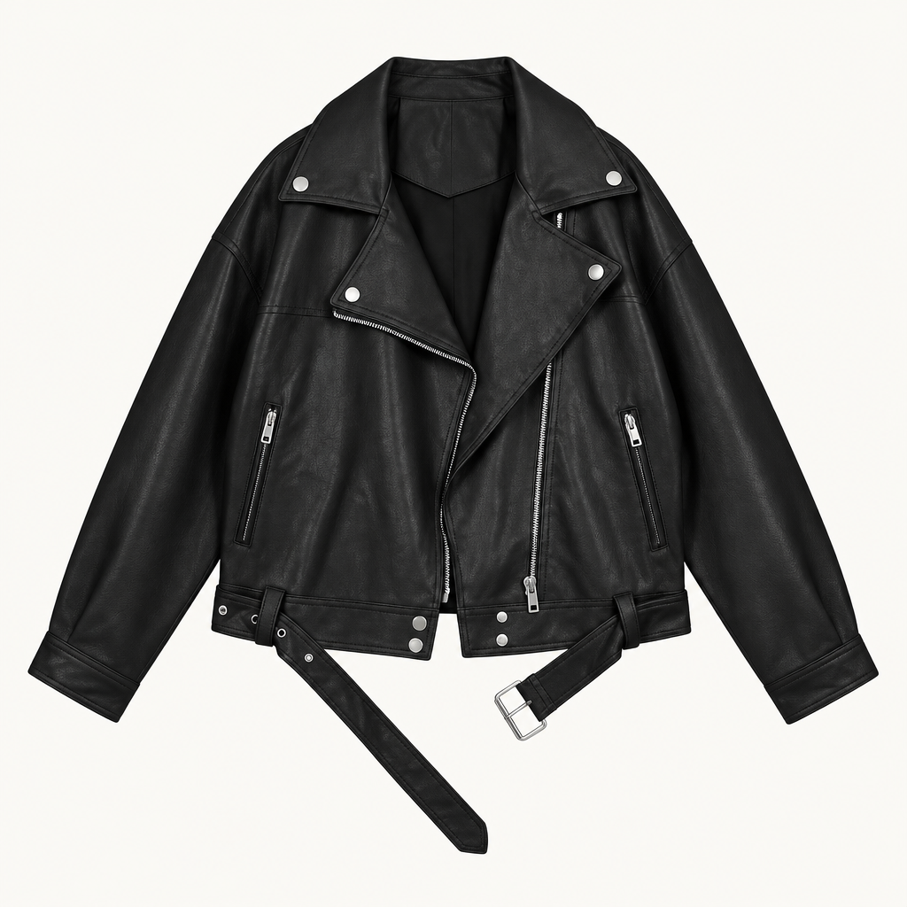 Skyler Belted Faux Leather Jacket with Asymmetric Zip product photo