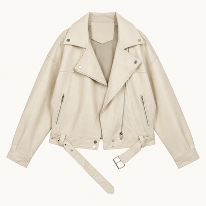 Skyler Belted Faux Leather Jacket with Asymmetric Zip in Beige