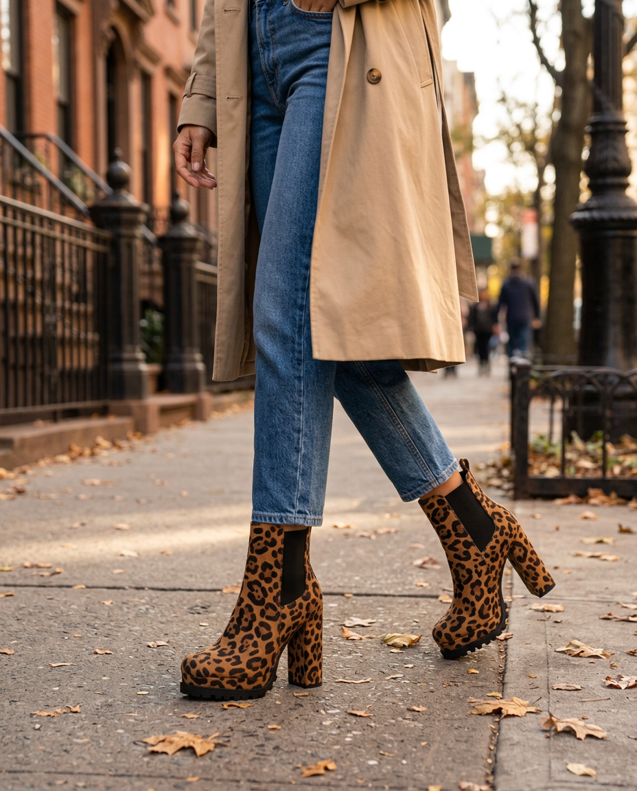 Woman wearing the Skyler Block Heel Ankle Boots in New York