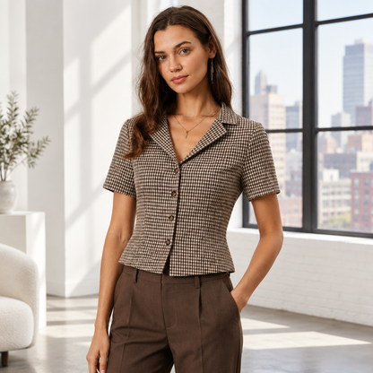 Woman wearing the Skyler Brown Gingham Tie-Back Blouse
