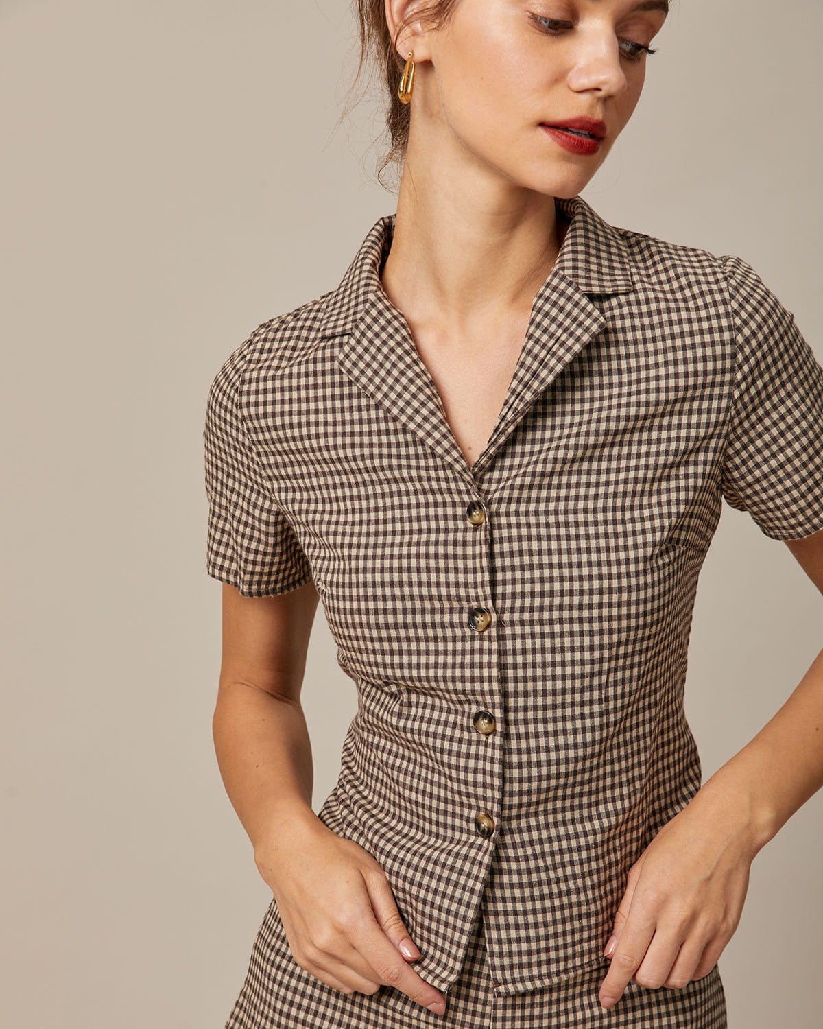 Skyler Brown Gingham Tie-Back Blouse - view 7