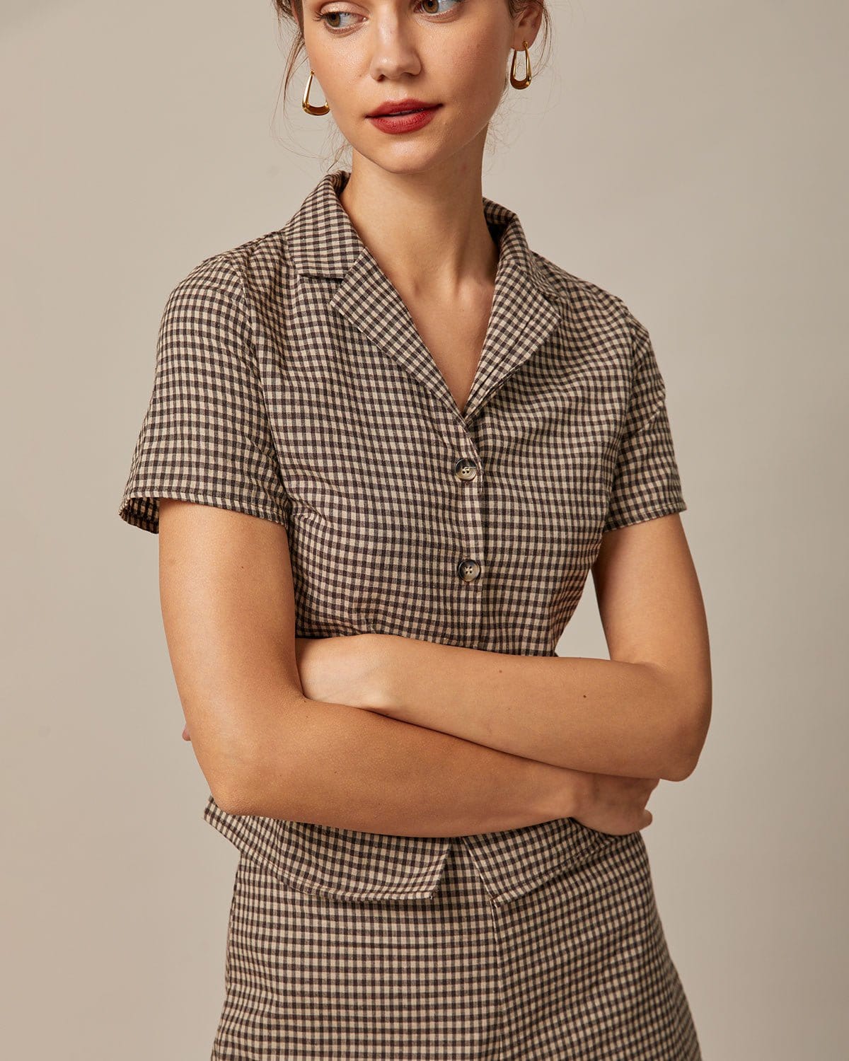 Skyler Brown Gingham Tie-Back Blouse - view 8