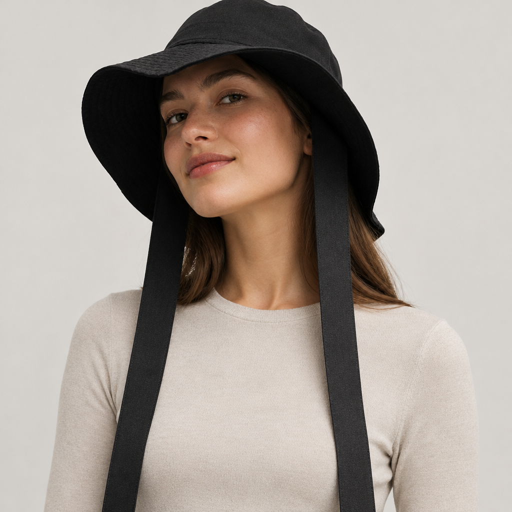 Skyler Bucket Hat with Tie Strings in Black worn by a model