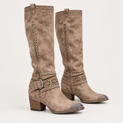 Pair of Skyler Buckle Strap Knee High Boots side view