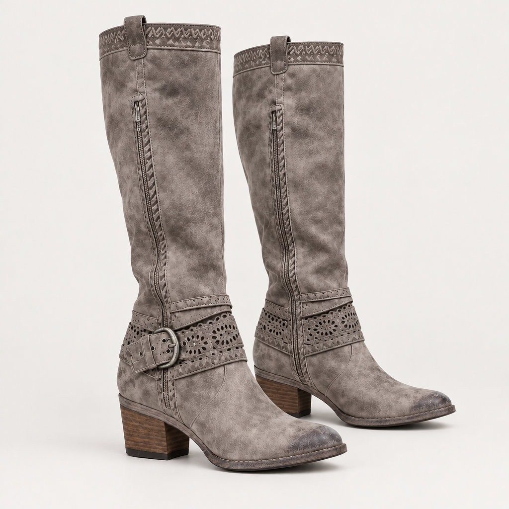Skyler Buckle Strap Knee High Boots in Gray