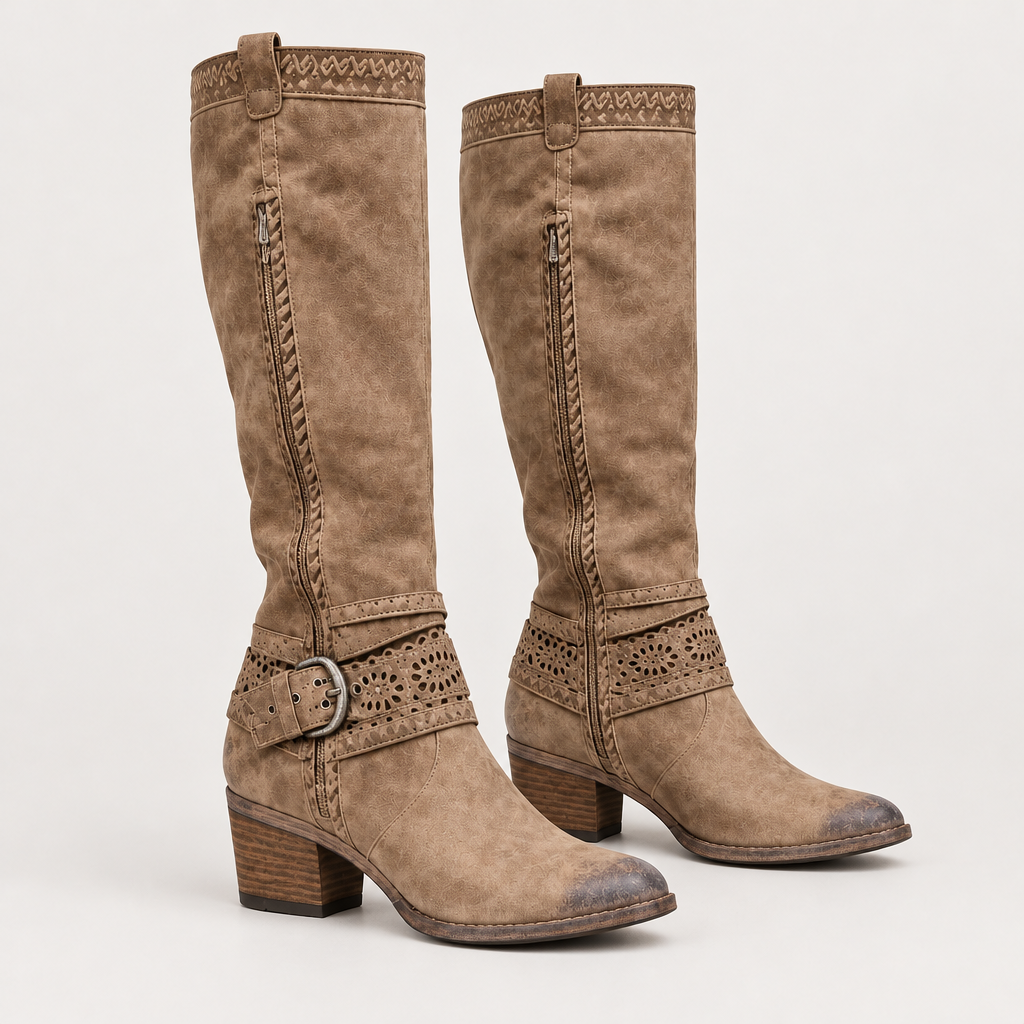 Skyler Buckle Strap Knee High Boots in Khaki