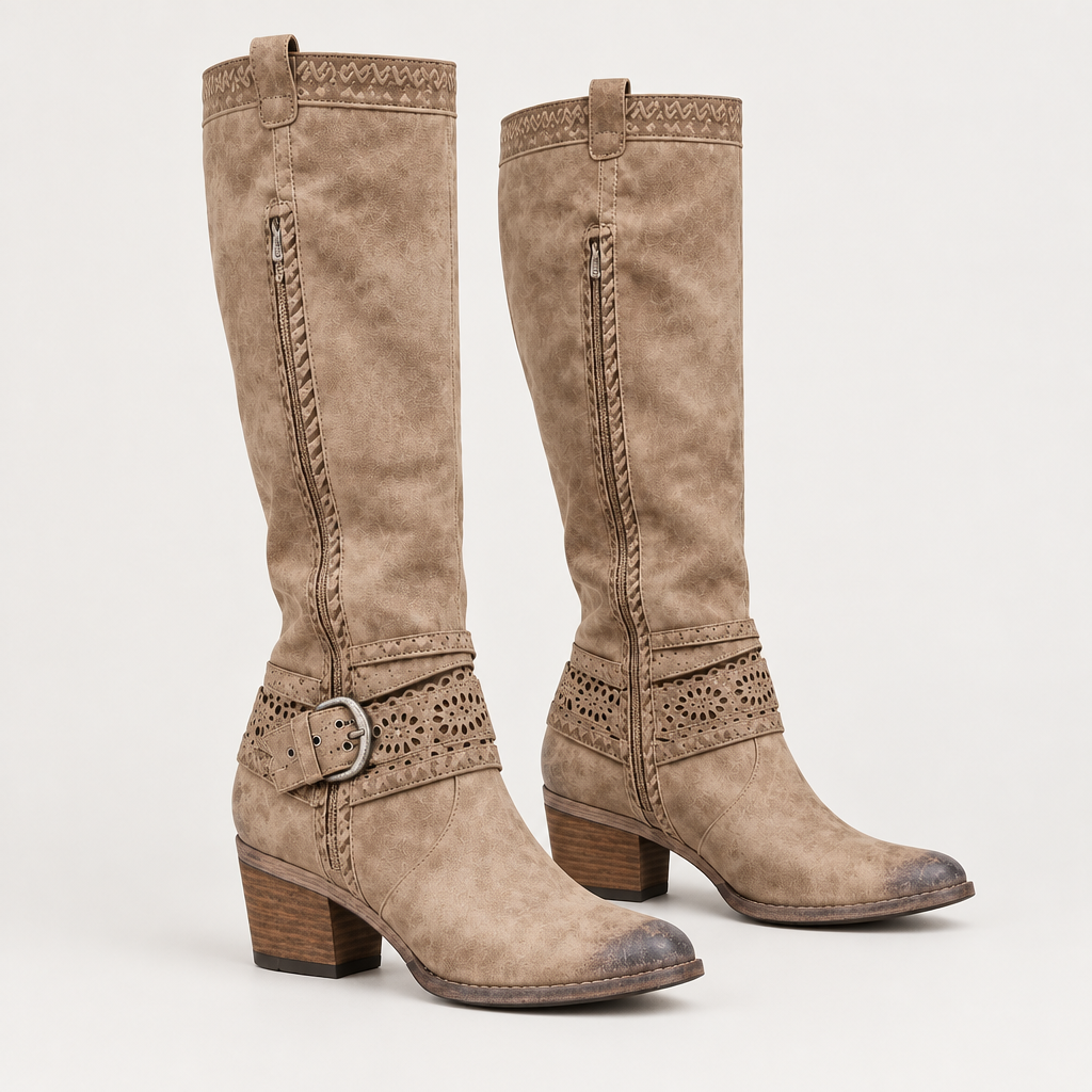 Skyler Buckle Strap Knee High Boots in Light Khaki