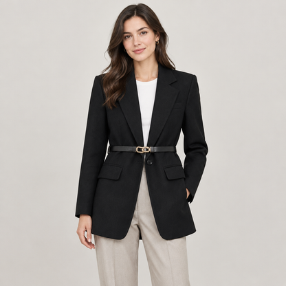 Woman wearing the Skyler Classic Tailored Blazer in black