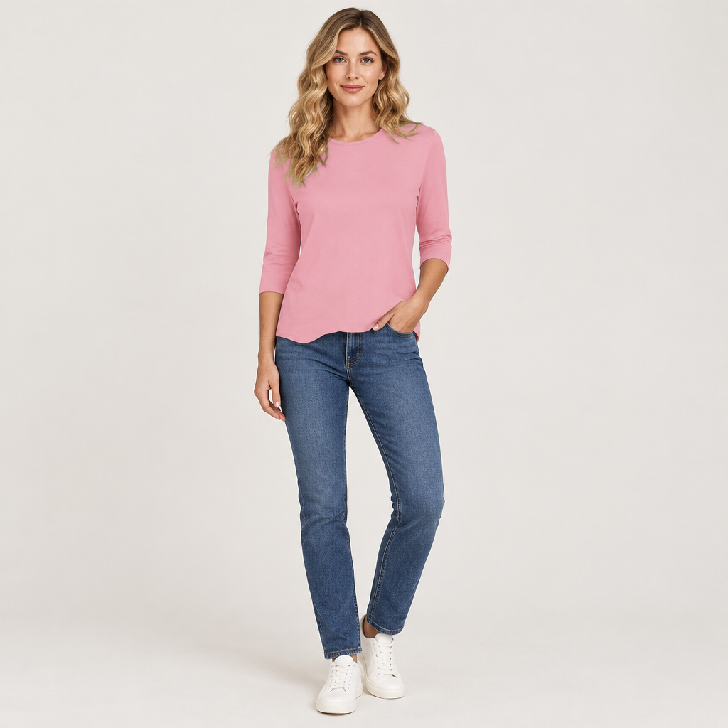 Model wearing Skyler Crew Neck 3/4 Sleeve Top