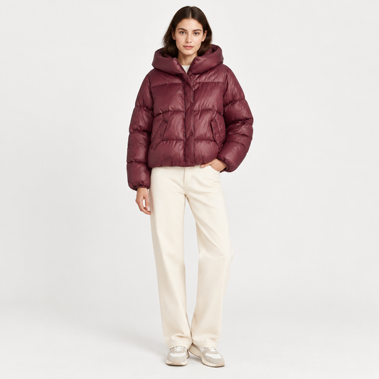 Model wearing Skyler Cropped Puffer Jacket