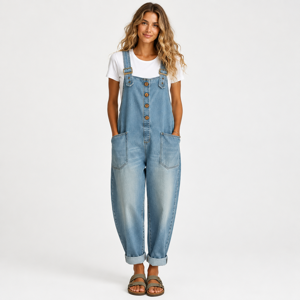 Woman wearing the Denim-Look Cotton Overalls