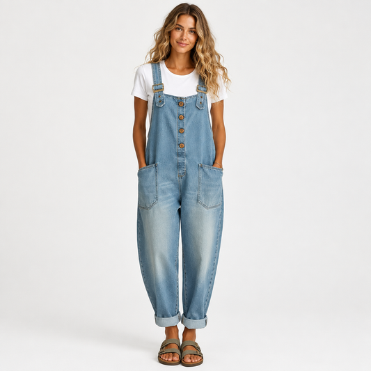 Woman wearing the Denim-Look Cotton Overalls