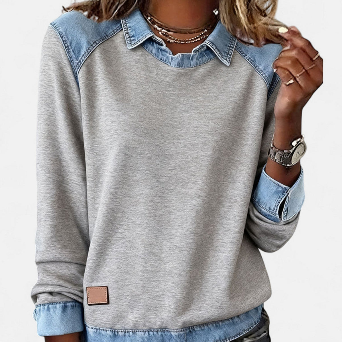 Skyler Denim Trim Collared Sweatshirt - view 11