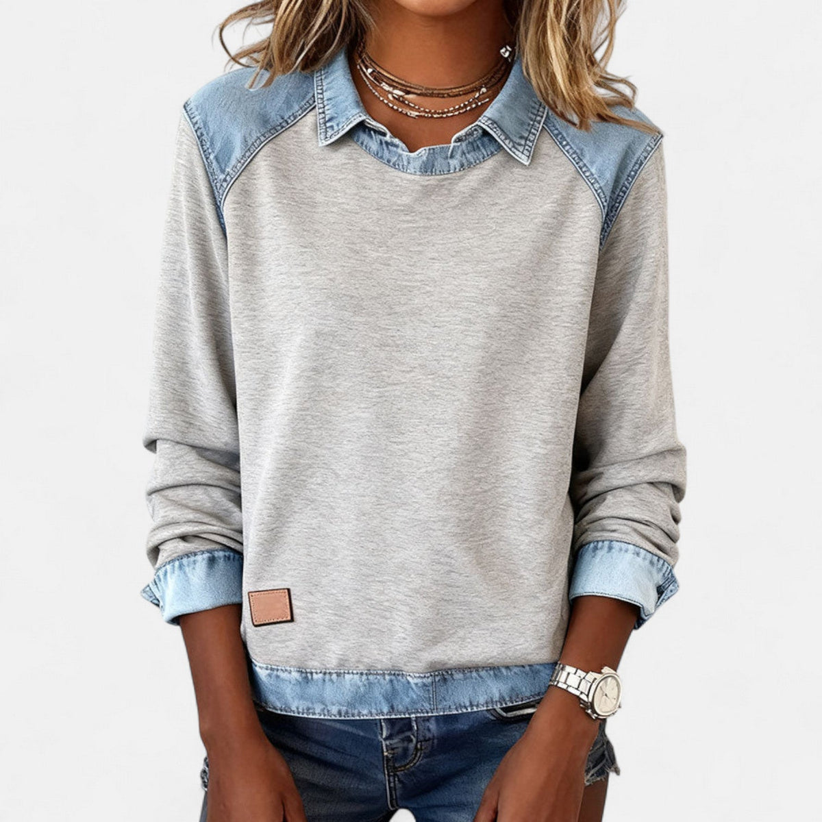 Skyler Denim Trim Collared Sweatshirt - view 12