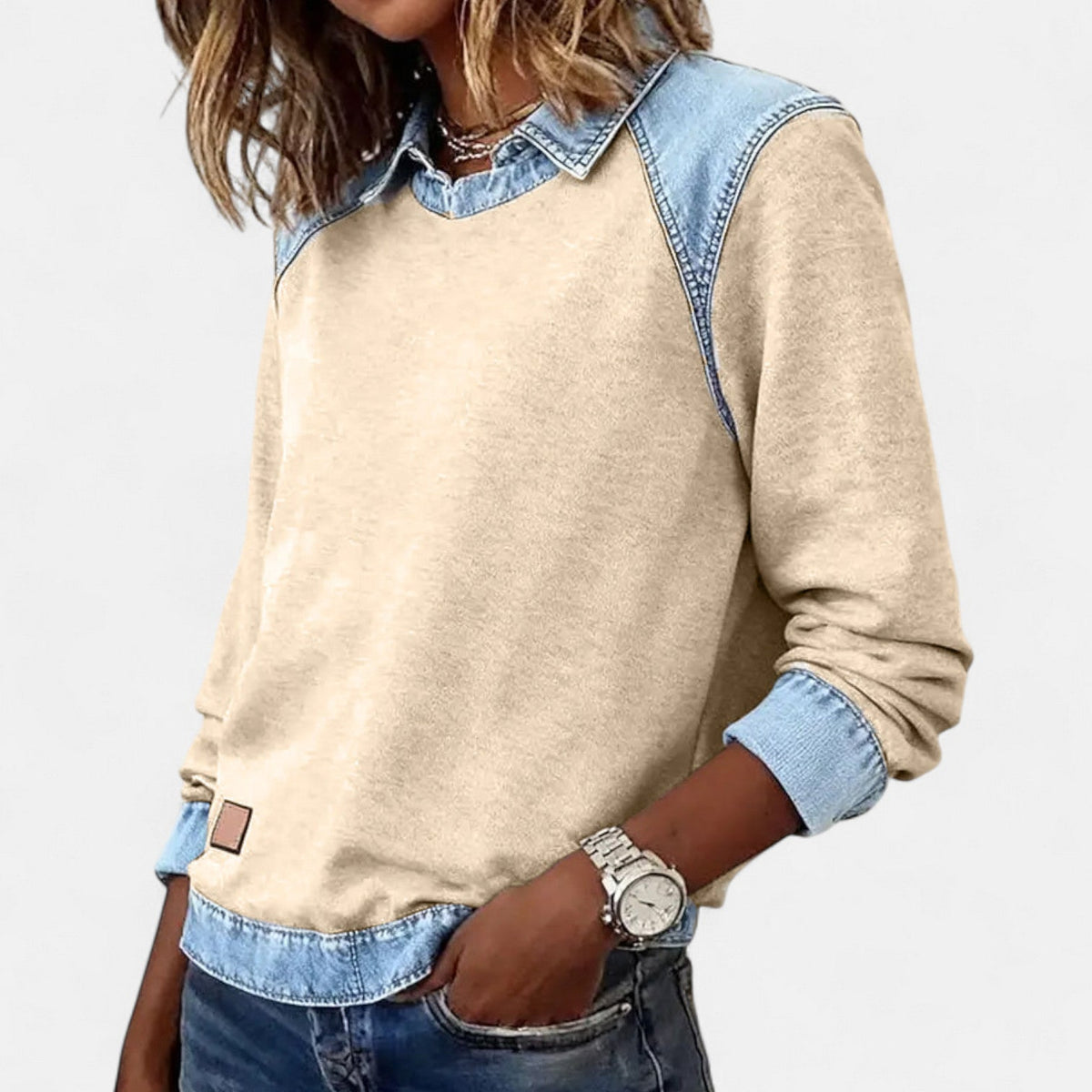 Skyler Denim Trim Collared Sweatshirt - view 16
