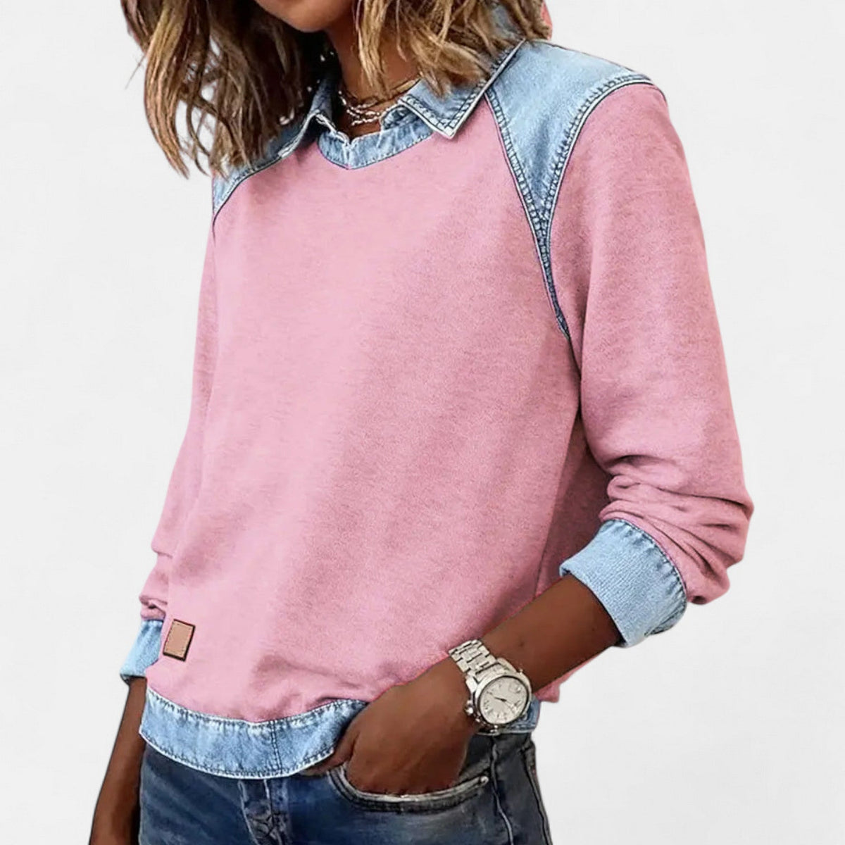 Skyler Denim Trim Collared Sweatshirt - view 19