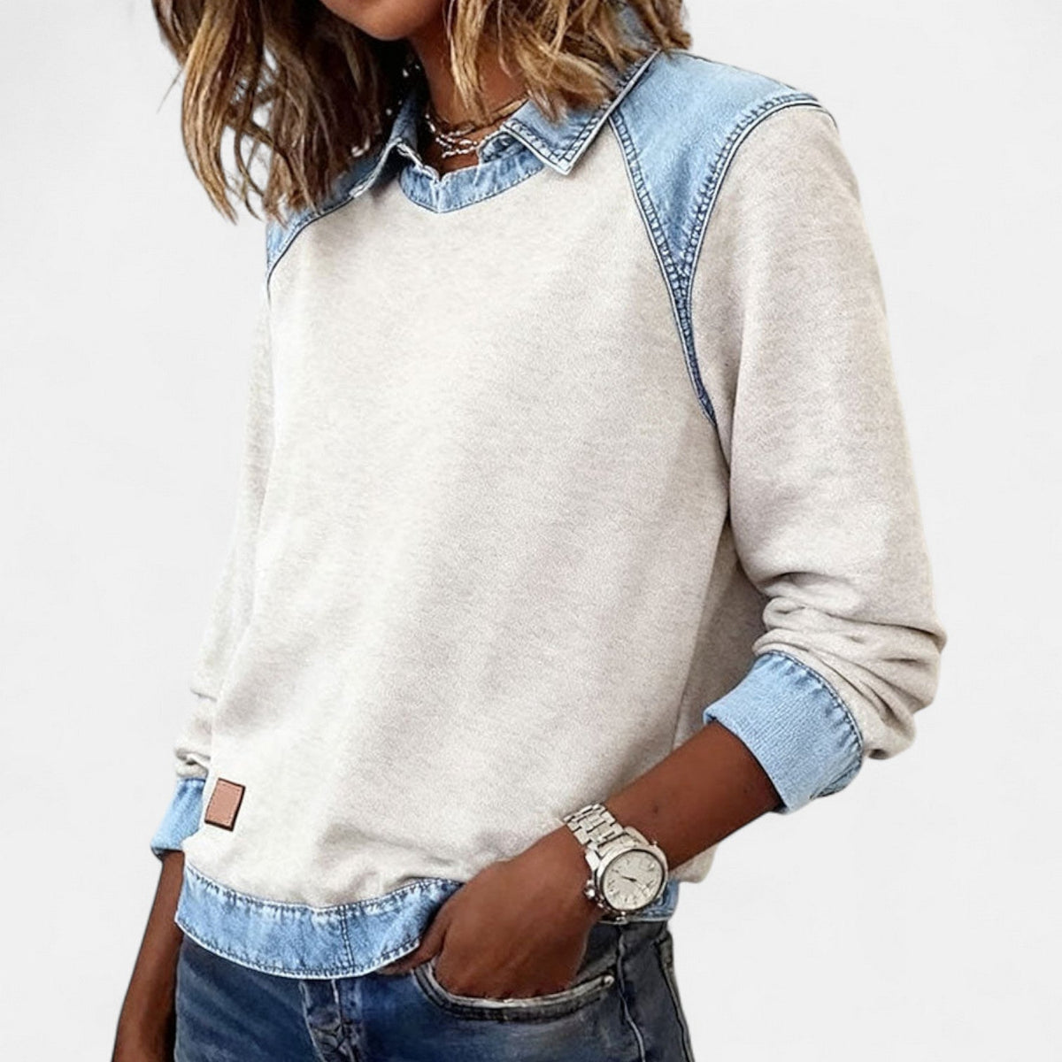 Skyler Denim Trim Collared Sweatshirt - view 4