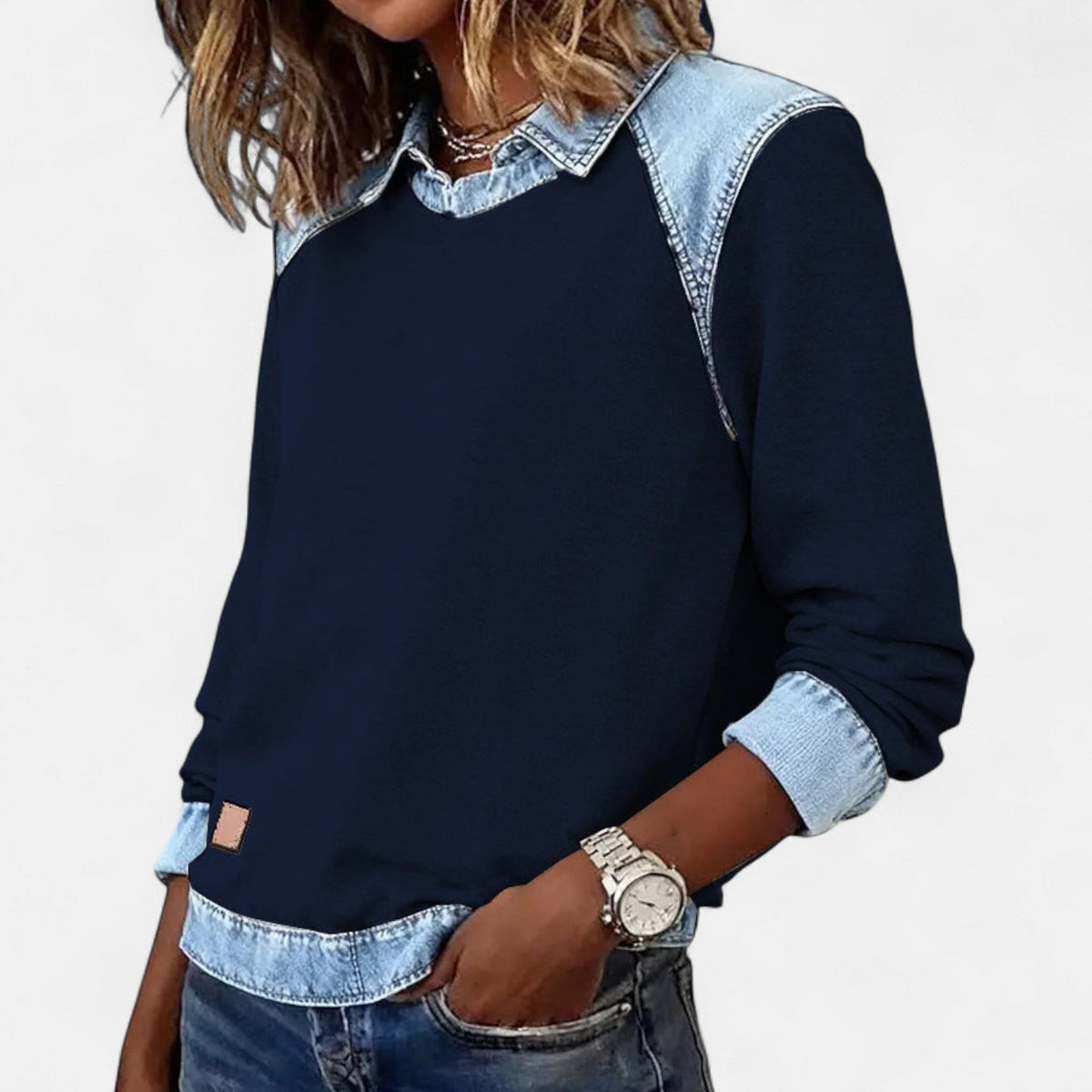 Skyler Denim Trim Collared Sweatshirt - view 9