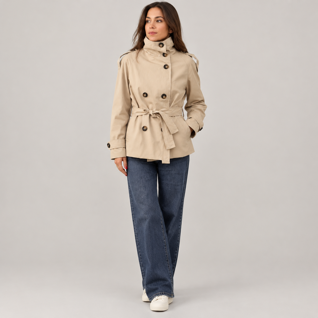 Skyler Double-Breasted Belted Trench Coat in Beige worn by a model