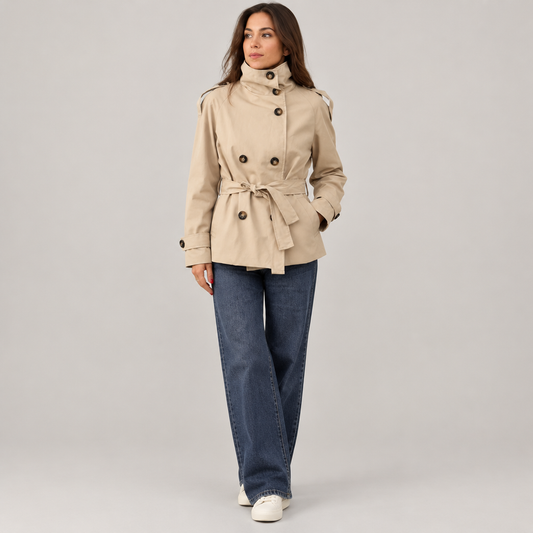 Skyler Double-Breasted Belted Trench Coat in Beige worn by a model