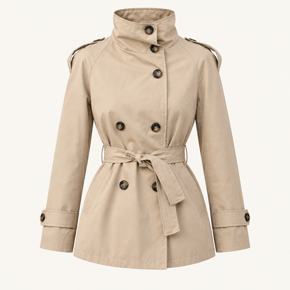Skyler Double-Breasted Belted Trench Coat in Beige product photo