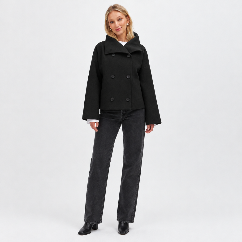 Skyler Double-Breasted Short Coat - Black