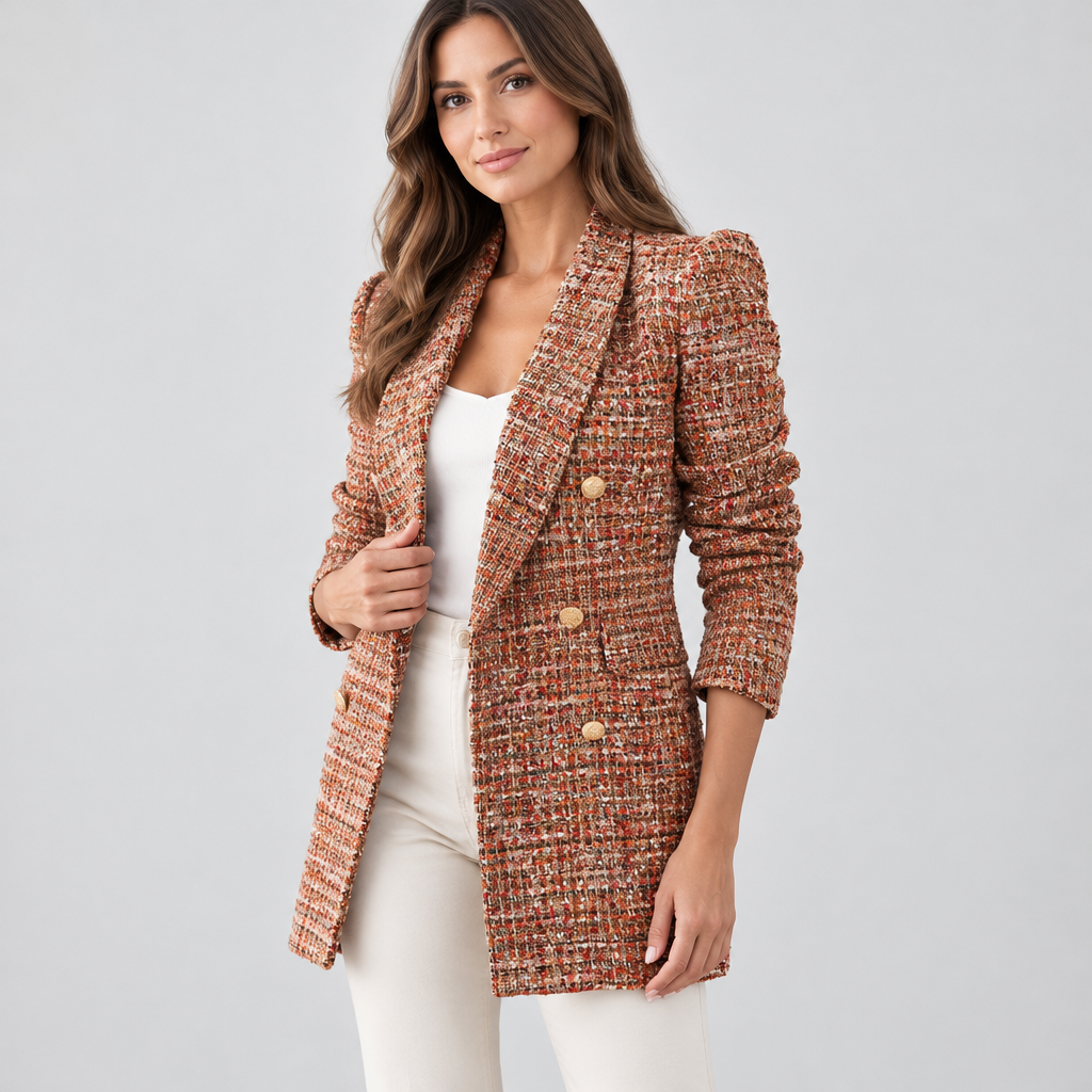 Skyler Double-Breasted Tweed Blazer worn by a model