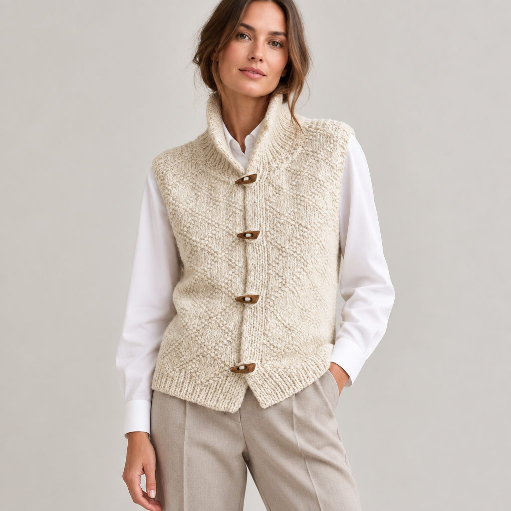 Woman wearing the sleeveless knit gilet over a white blouse, front view