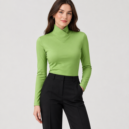 Woman wearing the elegant turtleneck top, front view
