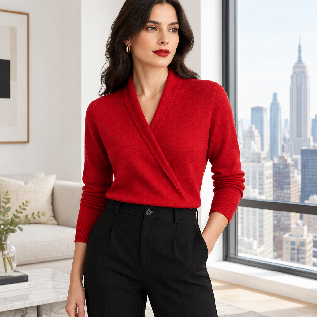 Woman wearing the Skyler Elegant Wrap Sweater in red
