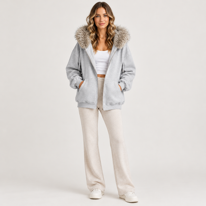 Model wearing Skyler Faux Fur Trim Zip Hoodie