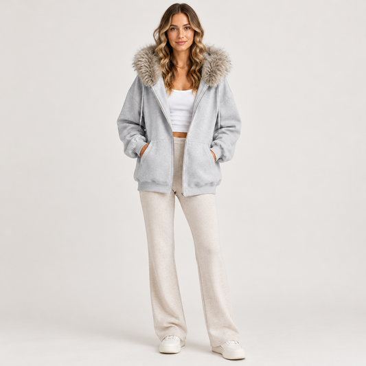 Model wearing Skyler Faux Fur Trim Zip Hoodie