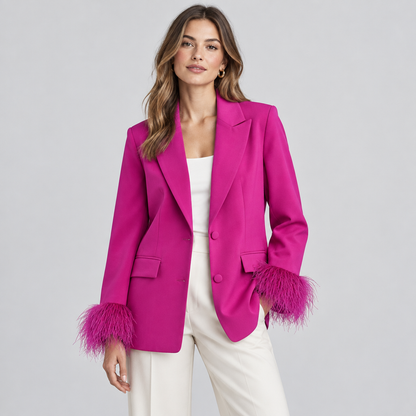 Skyler Feather Trim Blazer worn by a model