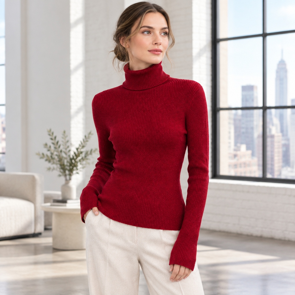 Woman wearing the Skyler Fitted Ribbed Turtleneck Sweater