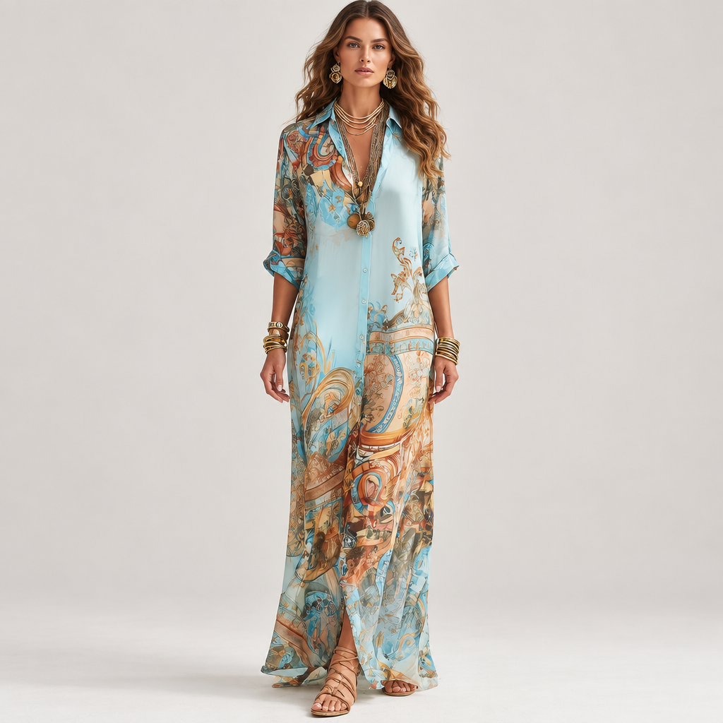Woman wearing the Floral Button-Down Maxi Dress